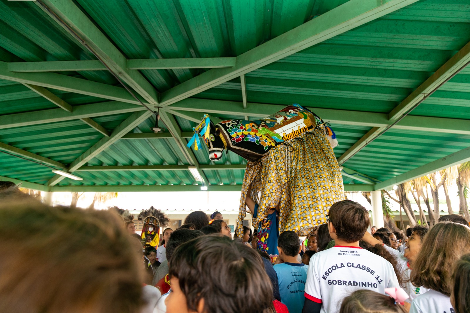 Homem fantasiado de boi performa para crianças